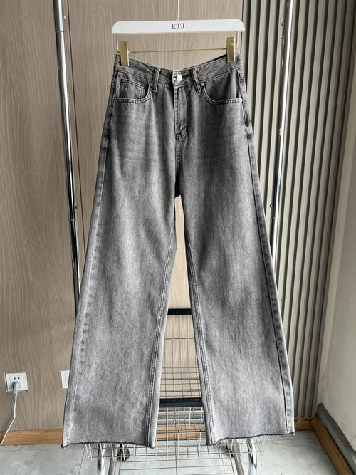 Calça jeans feminina ETJ de cintura alta e pernas largas