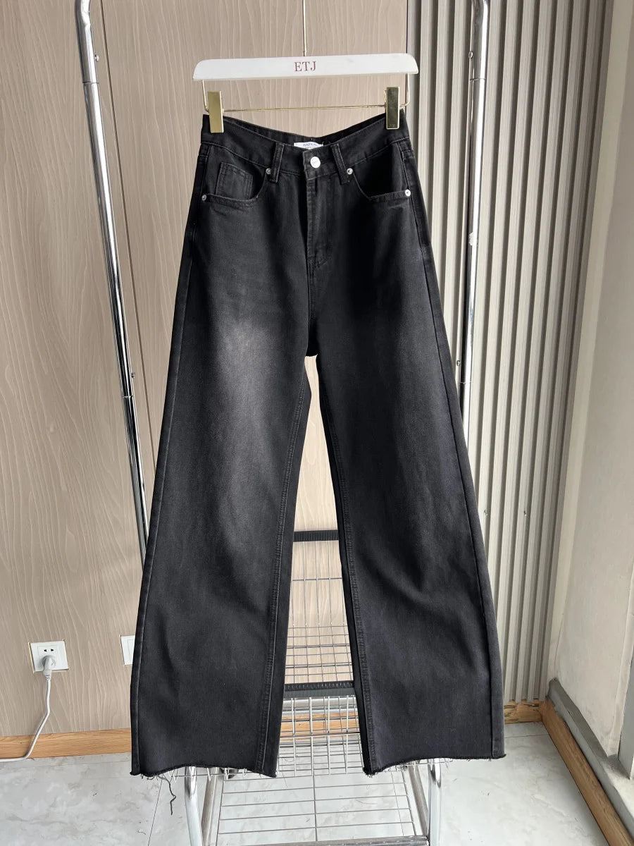 Calça jeans feminina ETJ de cintura alta e pernas largas