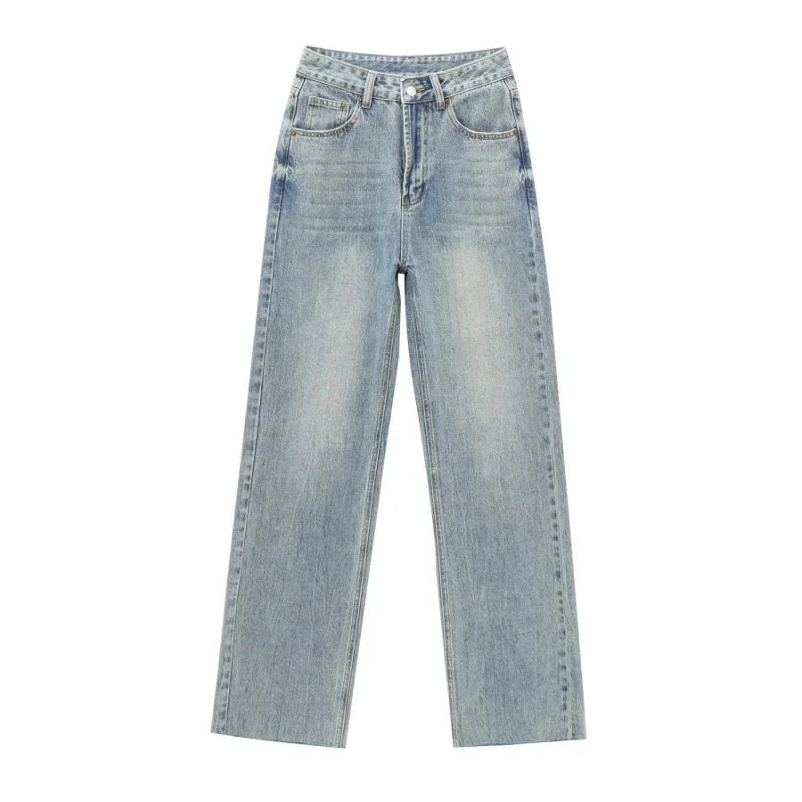 Calça jeans feminina ETJ de cintura alta e pernas largas