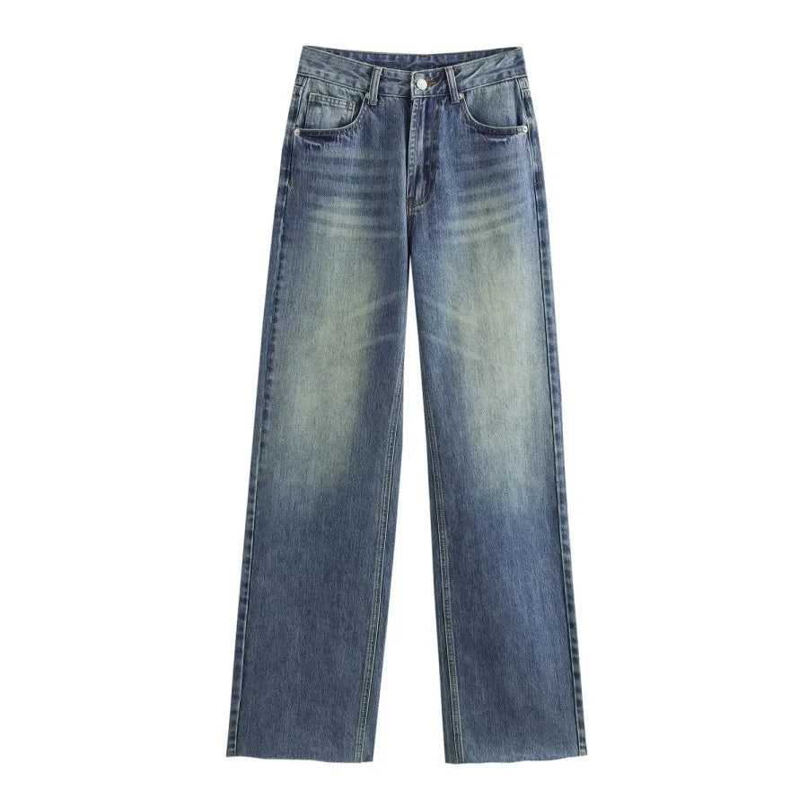 Calça jeans feminina ETJ de cintura alta e pernas largas