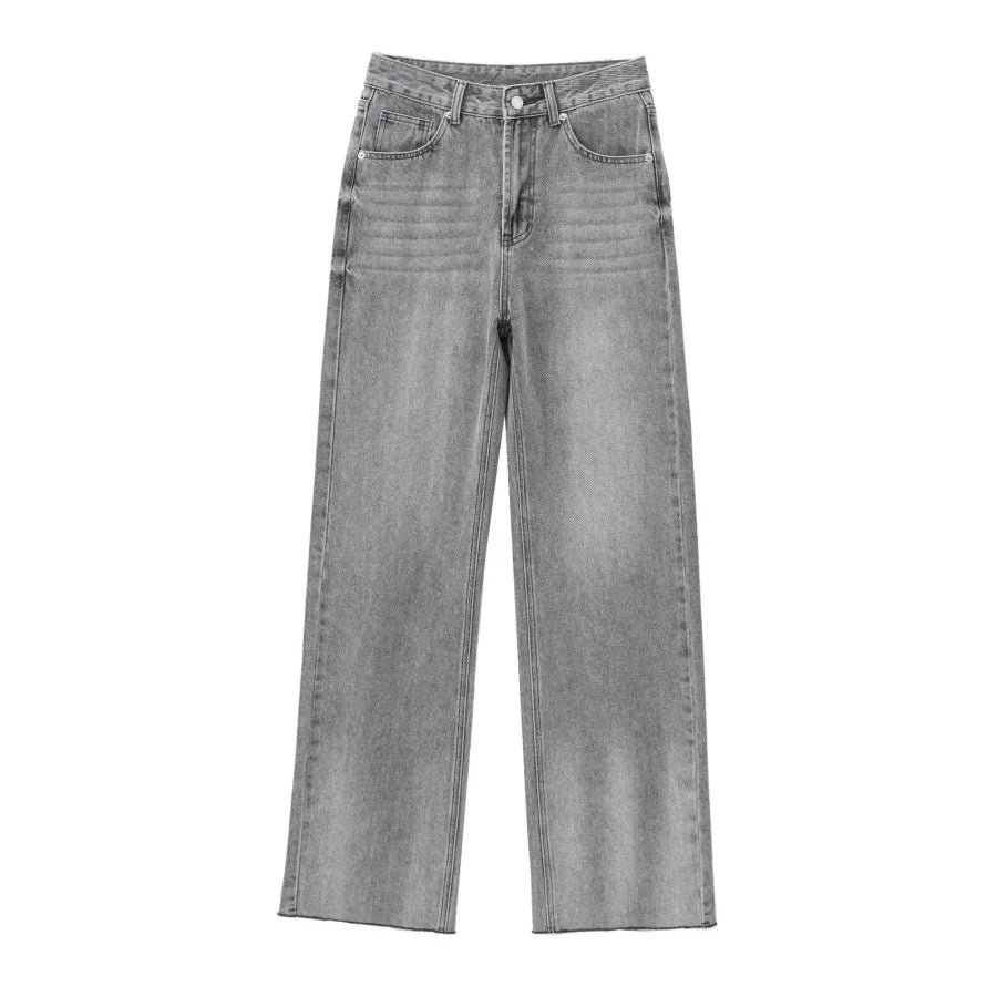 Calça jeans feminina ETJ de cintura alta e pernas largas