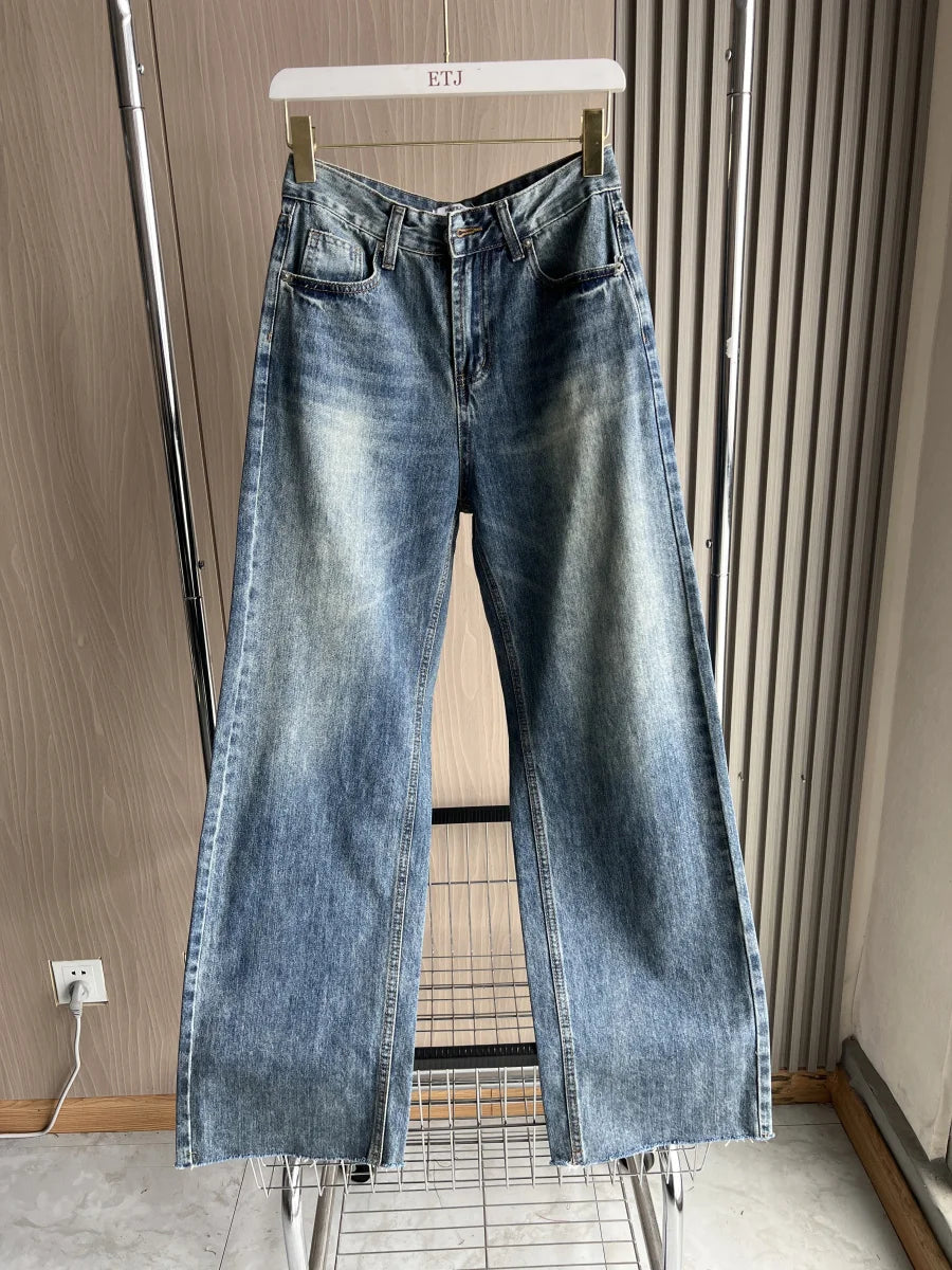 Calça jeans feminina ETJ de cintura alta e pernas largas