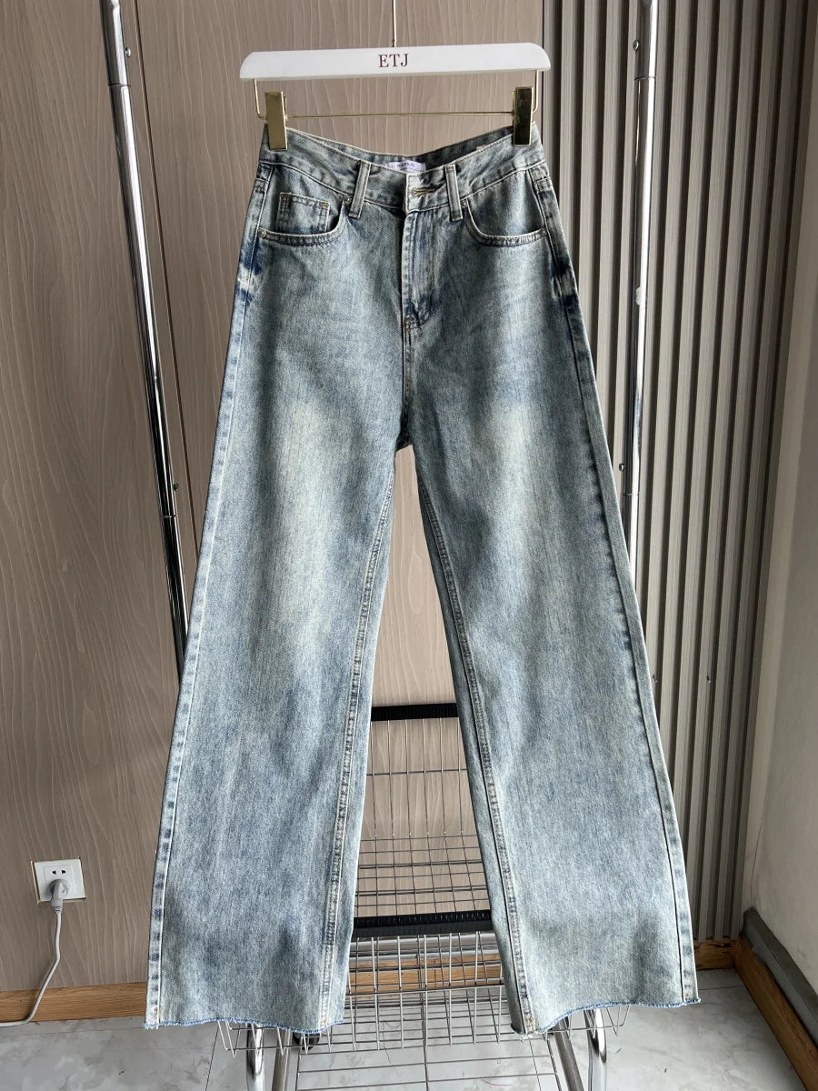 Calça jeans feminina ETJ de cintura alta e pernas largas