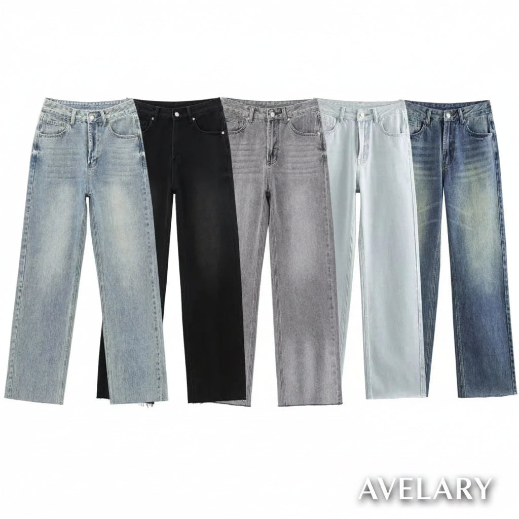 Calça jeans feminina ETJ de cintura alta e pernas largas