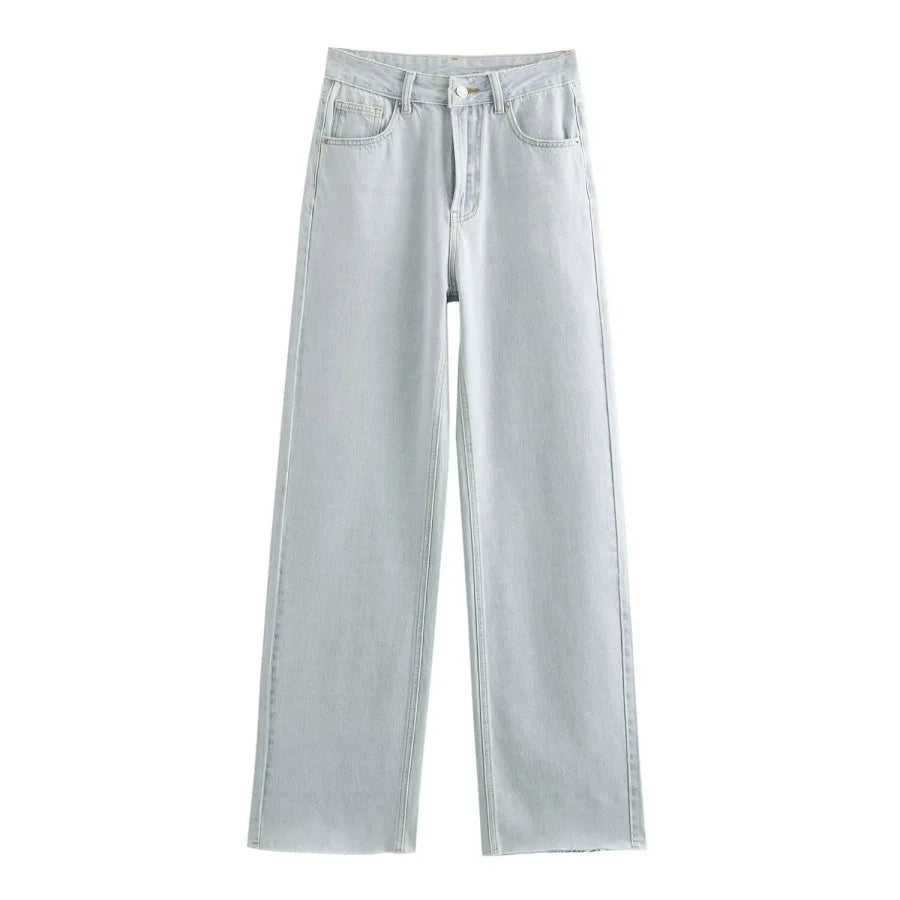 Calça jeans feminina ETJ de cintura alta e pernas largas
