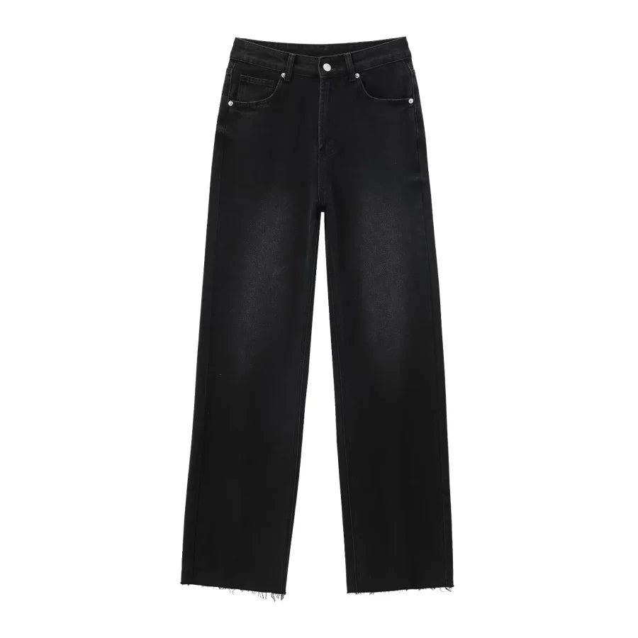Calça jeans feminina ETJ de cintura alta e pernas largas