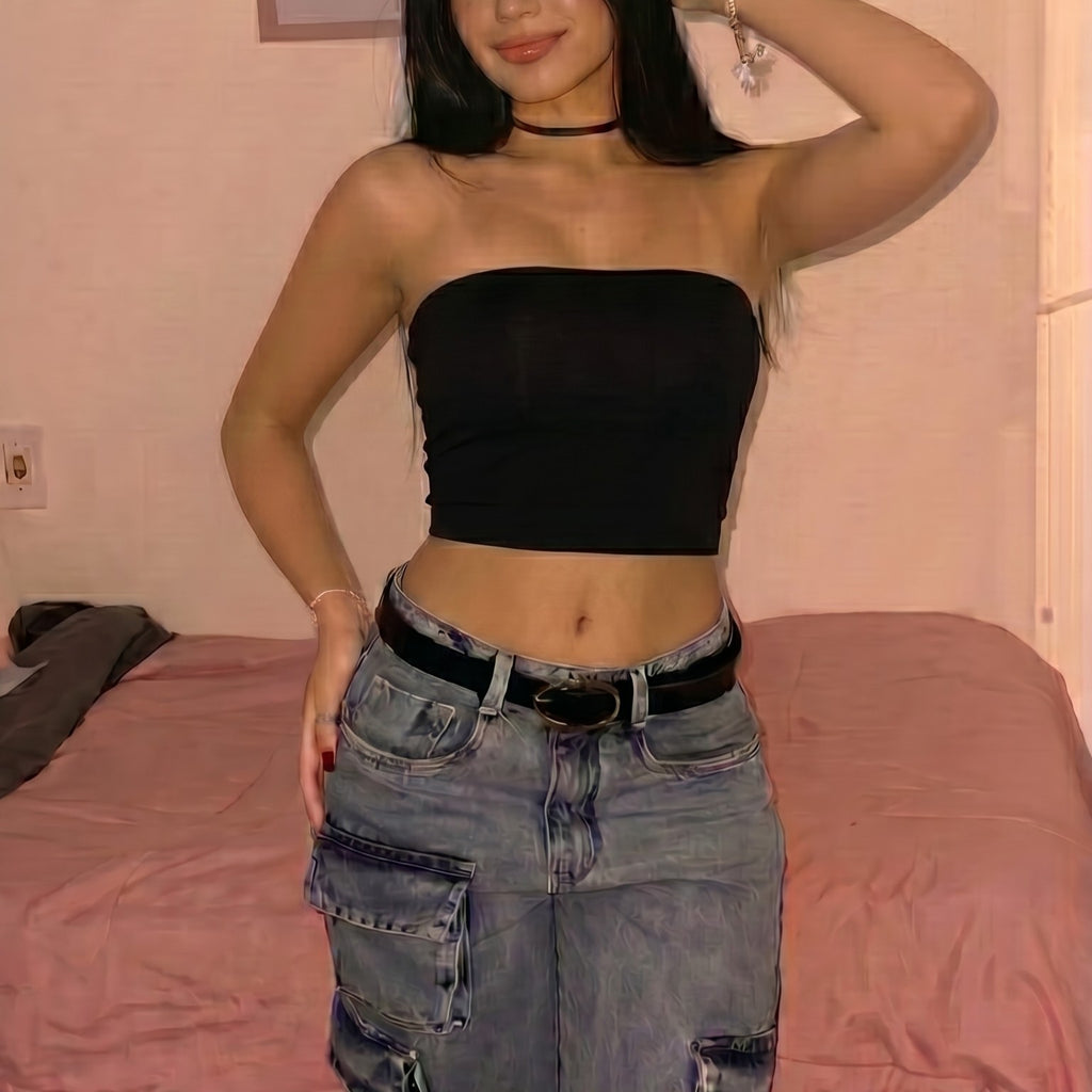 3 Women's Strapless Deep-Neck Crop Top